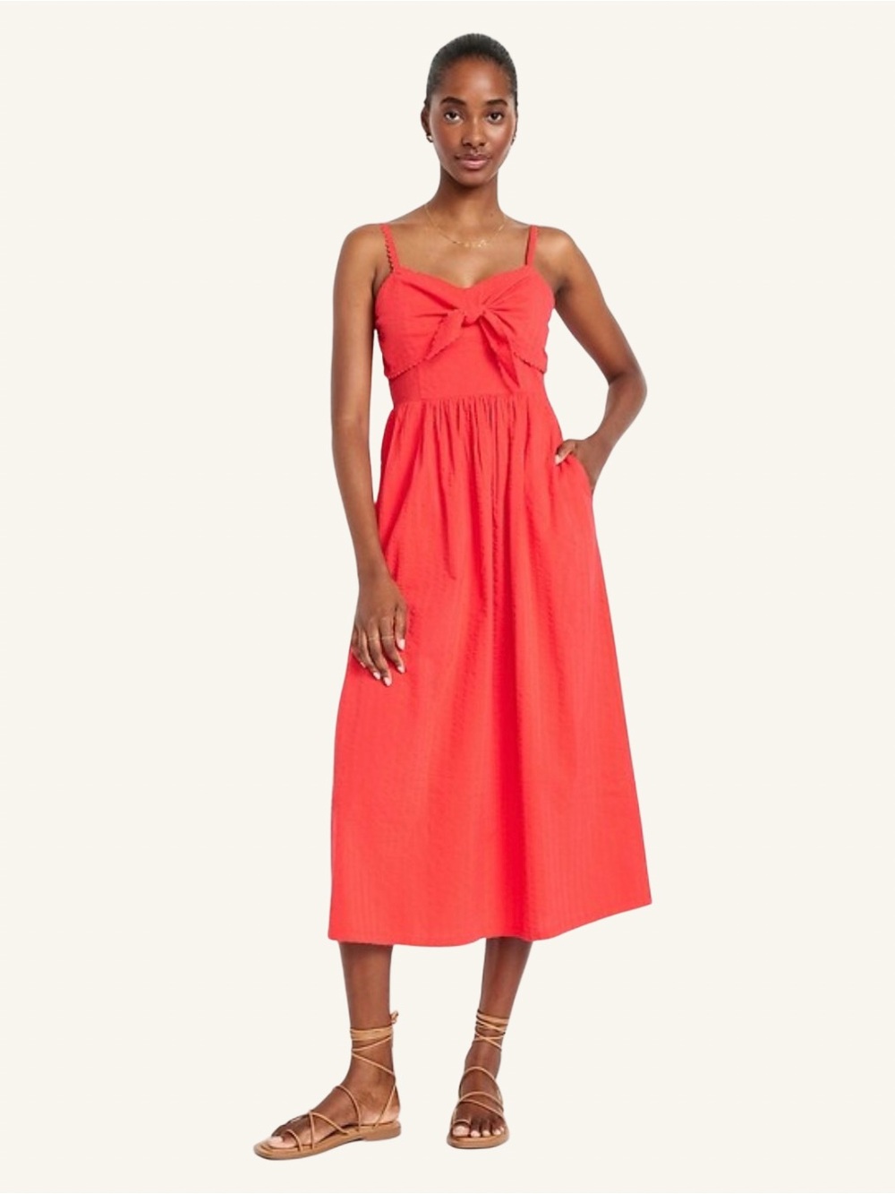NWT Old Navy Bow Front Textured Midi Dress Red Size M